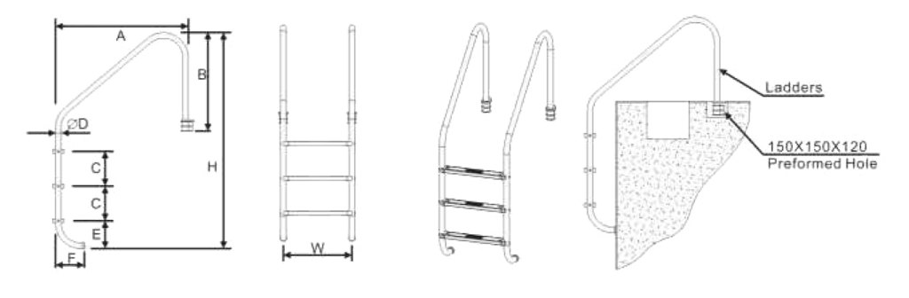 Ανοξείδωτη Σκάλα Πισίνας Oxygon Swimming Pool Ladder Overflow Ladder Dimensions εξοπλισμός Πισίνας